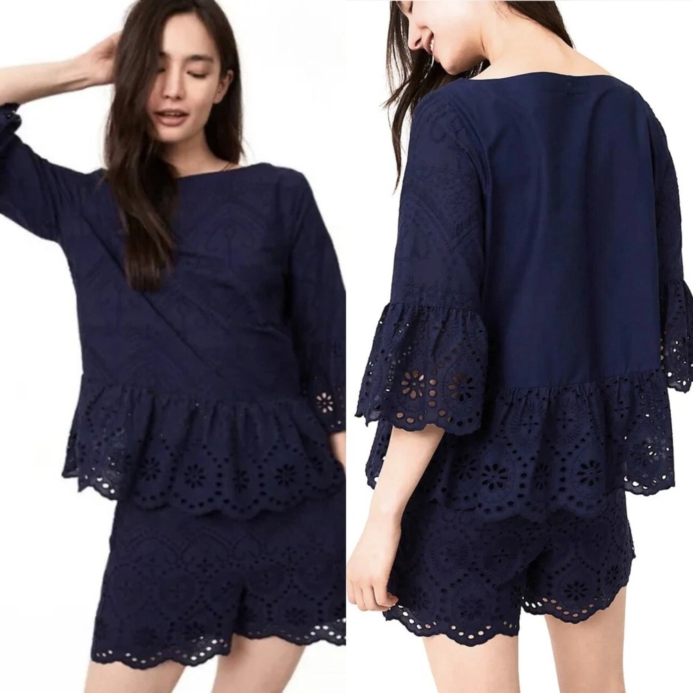 Ann Taylor Loft Womens Eyelet Embroidered Peplum Blouse Size Large Navy Blue